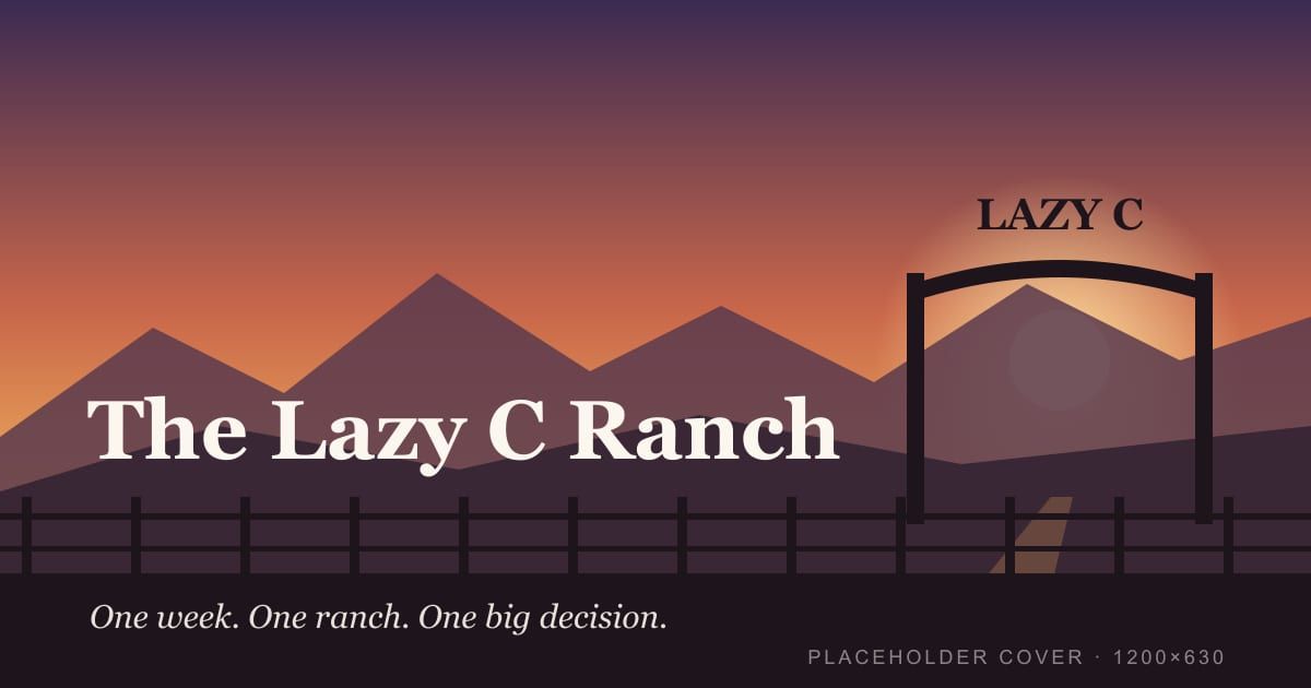 An iron ranch gate arch at sunset, with mountains and a long gravel road behind it.